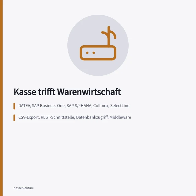 Kassenintegration verbindet Kassensystem und Warenwirtschaft über Schnittstellen. Kassenintegration in die Warenwirtschaft: Schnittstellen, Anbieter und Ablauf