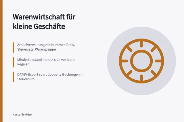 Warenwirtschaft mit Artikelverwaltung, Bestandsführung und DATEV-Export für kleine Geschäfte. Kassensystem mit Warenwirtschaft für kleine Geschäfte