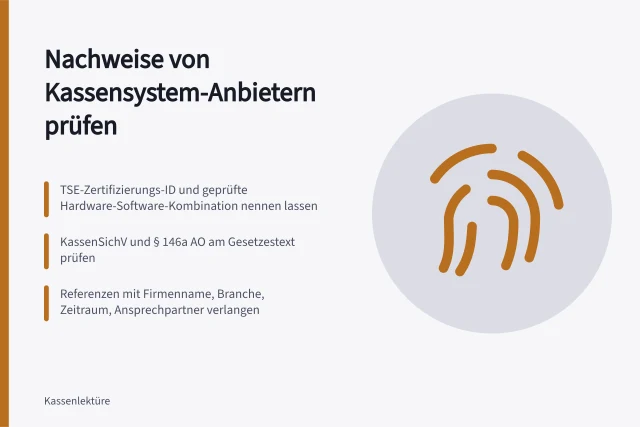 Prüfliste für TSE-Zertifikat, GoBD-Export und Kundenreferenzen von Kassensystem-Anbietern. Referenzen prüfen: Welche Nachweise von Kassensystem-Anbietern zählen